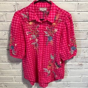 Johnny Was Fuchsia Plaid Embroidered Top Size Small
